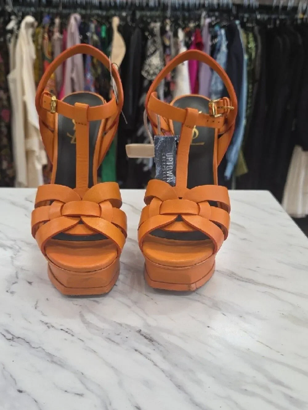 Yves Saint Laurent Orange Platform T-Strap Stiletto Sandals